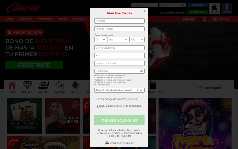 Registro del casino Caliente – formulario de alta
